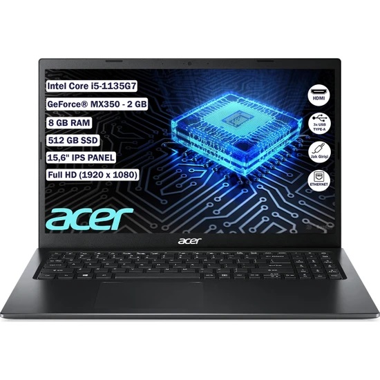 ACER Extensa EX215-54-52VU i5 1135G7 8GB 512GB SSD 15.6 Full HD Free Dos Ethernet Taşınabilir Bilgisayar Siyah HC