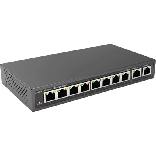 RUIJIE Reyee 10 Port RG-ES110D-P 10/100 Fast Ethernet 2 Gigabit Uplink+8port PoE Tak Çalıştır Switch (110W)