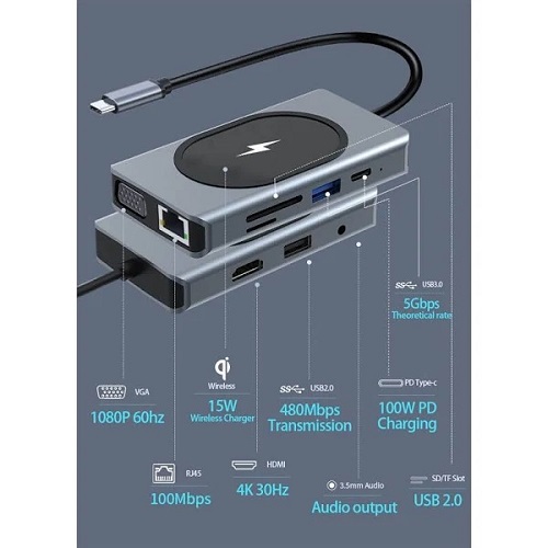 Daytona W9 9ın1 Type-c To Usb 3.0 9 Port 4k Hdmı Gigabit Rj45 Aux Çevirici Hub Adaptör