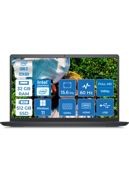 DELL INSPIRON 3520 I352010132_W i7 1255U 32GB 512GB SSD 15.6 Full HD Win 11 Pro Dizüstü Bilgisayar