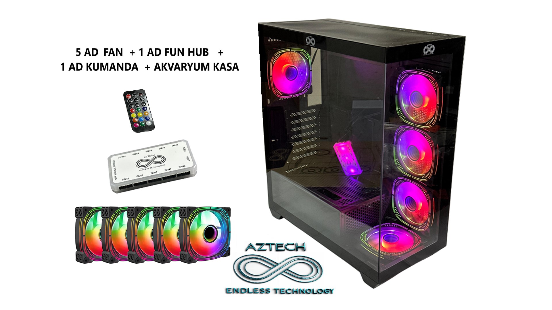 AZTECH AZT101-B 850W 80+ MODULER TEMPERLI CAM U.KUMANDALI+5XRGB FAN AKVARYUM GAMING KASA SIYAH