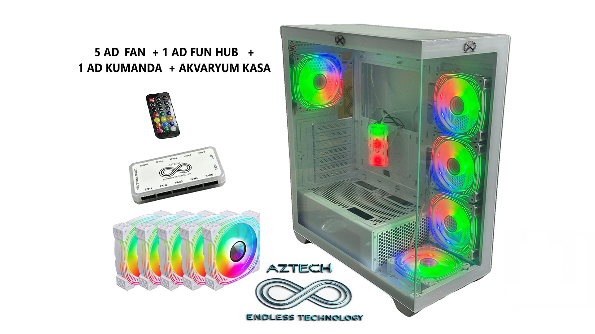 AZTECH AZT201-W 850W 80+ MODULER TEMPERLI CAM U.KUMANDALI+5XRGB FAN AKVARYUM GAMING KASA BEYAZ