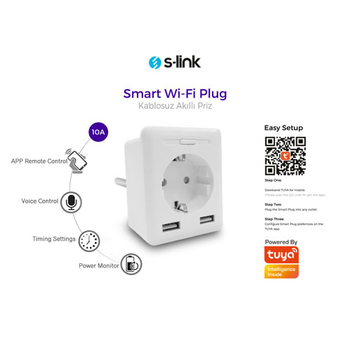 S-LINK SWAPP SL-04 1 Priz 10A AKIM KORUMALI AKILLI PRIZ 2.4 GHZ WIFI TUYA DE 2 USB