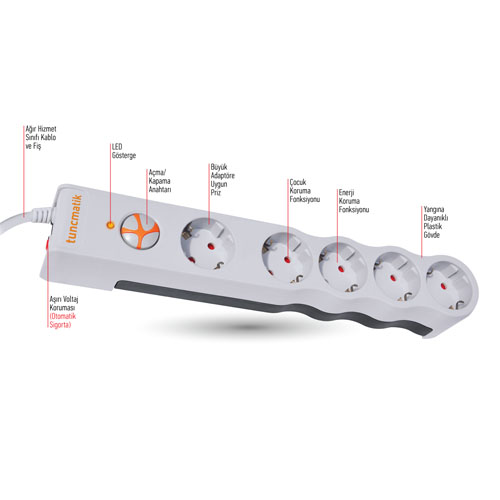 Tunçmatik TSK6134 PowerSurge 5 Priz 1050 Joule Enerji Koruma BEYAZ (1,5 Metre Kablolu)