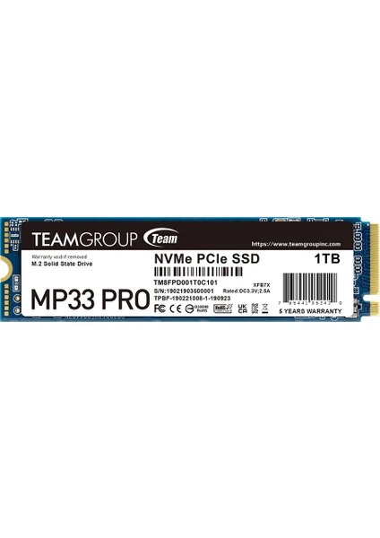TEAM MP33 PRO 1TB PCIe Gen3 x4 NVMe M.2 3500/3000MB/S SSD (TM8FPD001T0C101)
