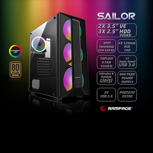 RAMPAGE SAILOR Temper 600W 80+ Bronze 4x120mm RGB FANLI Gaming Kasa