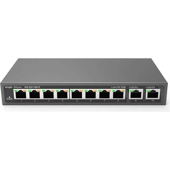 RUIJIE Reyee 10 Port RG-ES110D-P 10/100 Fast Ethernet 2 Gigabit Uplink+8port PoE Tak Çalıştır Switch (110W)