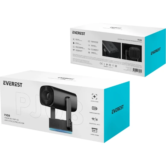 Everest PJ08 Siyah 5200mAh Otomatik Odaklama 5200 Lümen Android 11 Ekran Yansıtmalı Rainbow HD 720P HD 4K Destekli Proje