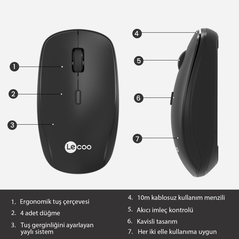 LENOVO LECOO WS203 Kablosuz 2400DPI+4 Tuşlu Siyah Mouse