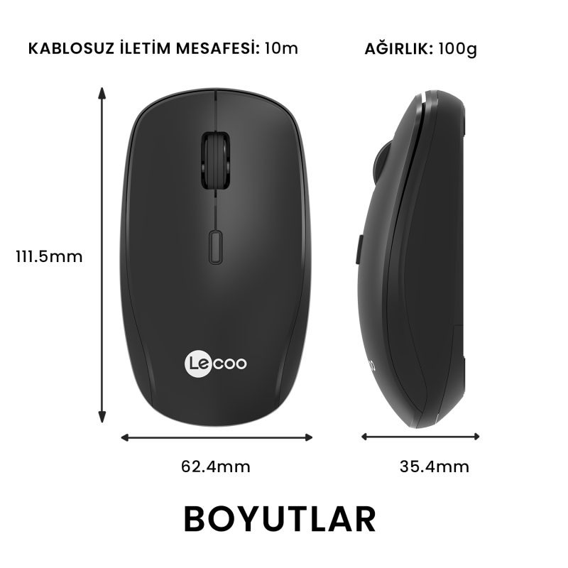 LENOVO LECOO WS203 Kablosuz 2400DPI+4 Tuşlu Siyah Mouse