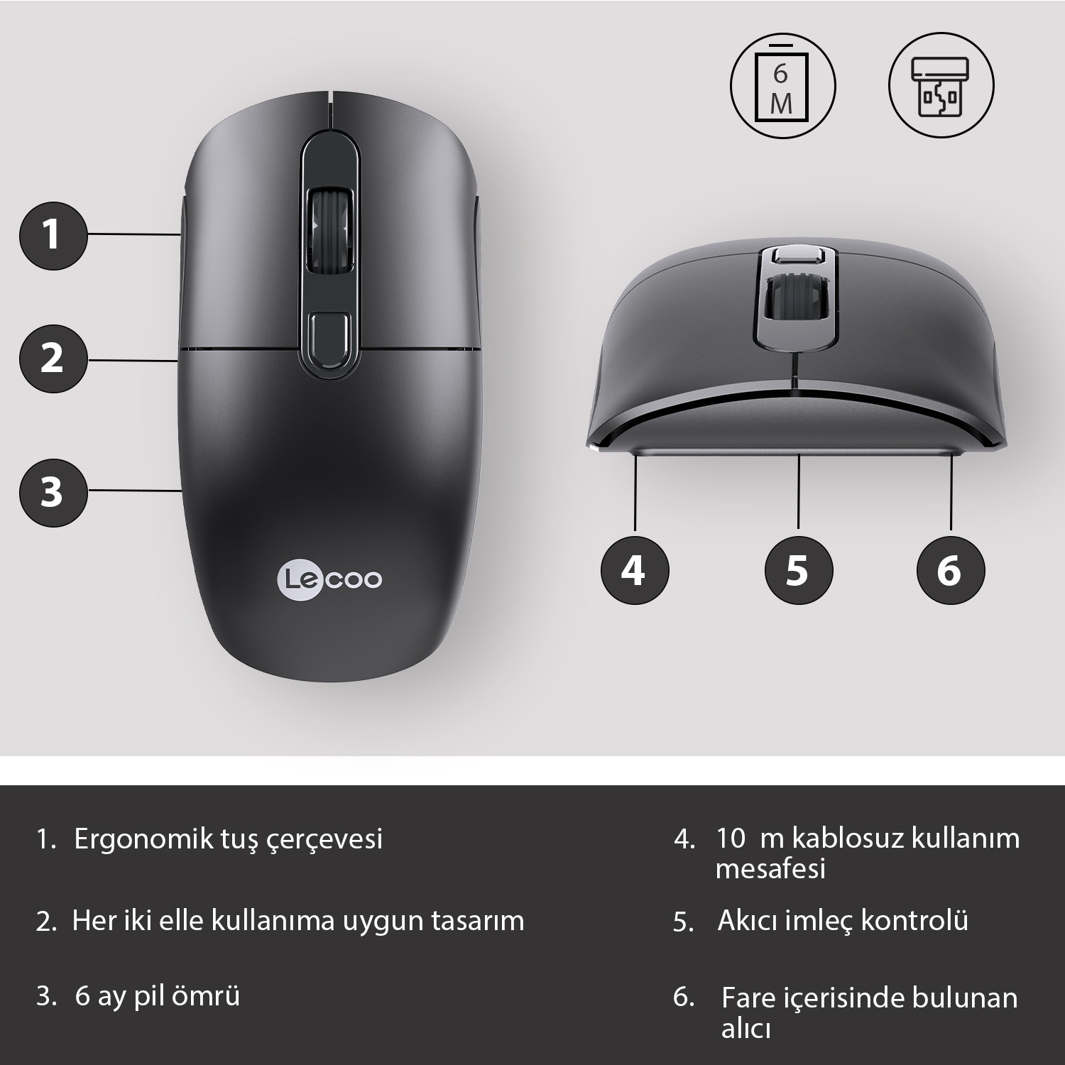 LENOVO LECOO M2001 Kablosuz+USB 1600DPI+4 Tuşlu Siyah Mouse