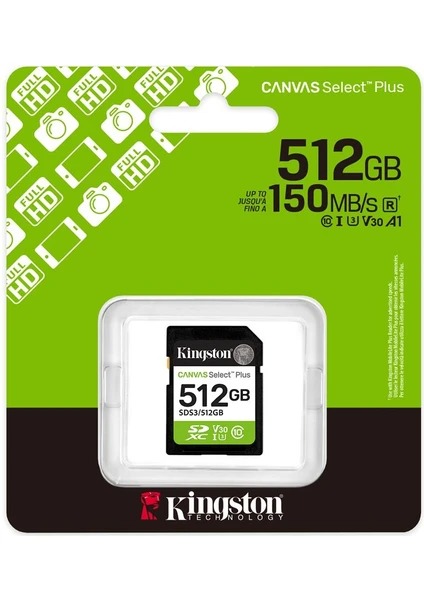 KINGSTON 512GB Canvas Select Plus Gen3 SDXC UHS-I U1 V10 150MB/S Class10 HAFIZA KARTI SDS3/512GB