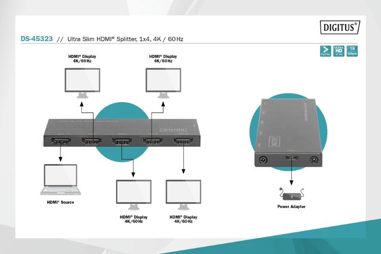 Digitus DS-45323 VPR 1-0 Ultra Slim Çoklayıcı, 1x4, 4K/60Hz, HDR, HDCP 2.2, 18 Gbps 40 metre, altın kaplama