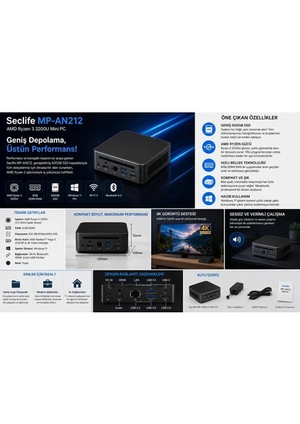 SECLIFE MP-AN212 RYZEN 3 3200U 8GB 500GB SSD FREE DOS Mini PC