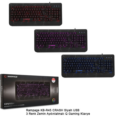 RAMPAGE KB-R45 Crash Q Usb 3 Renk Zemin Aydnlatmal Siyah Gaming Klavye