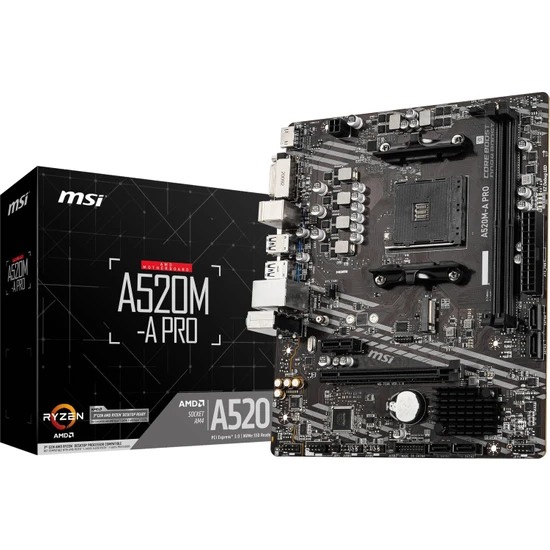 MSI AMD A520M-A PRO DDR4 4600(OC) HDMI DVI-D M.2 PCIE 16X V3.0 AM4 USB 3.2 Gen1